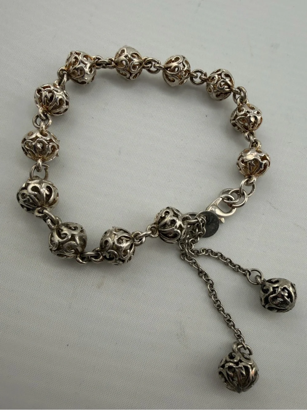 Vintage 925 Sterling Silver Filigree Bead Adjustable Bracelet Tassel Dangle